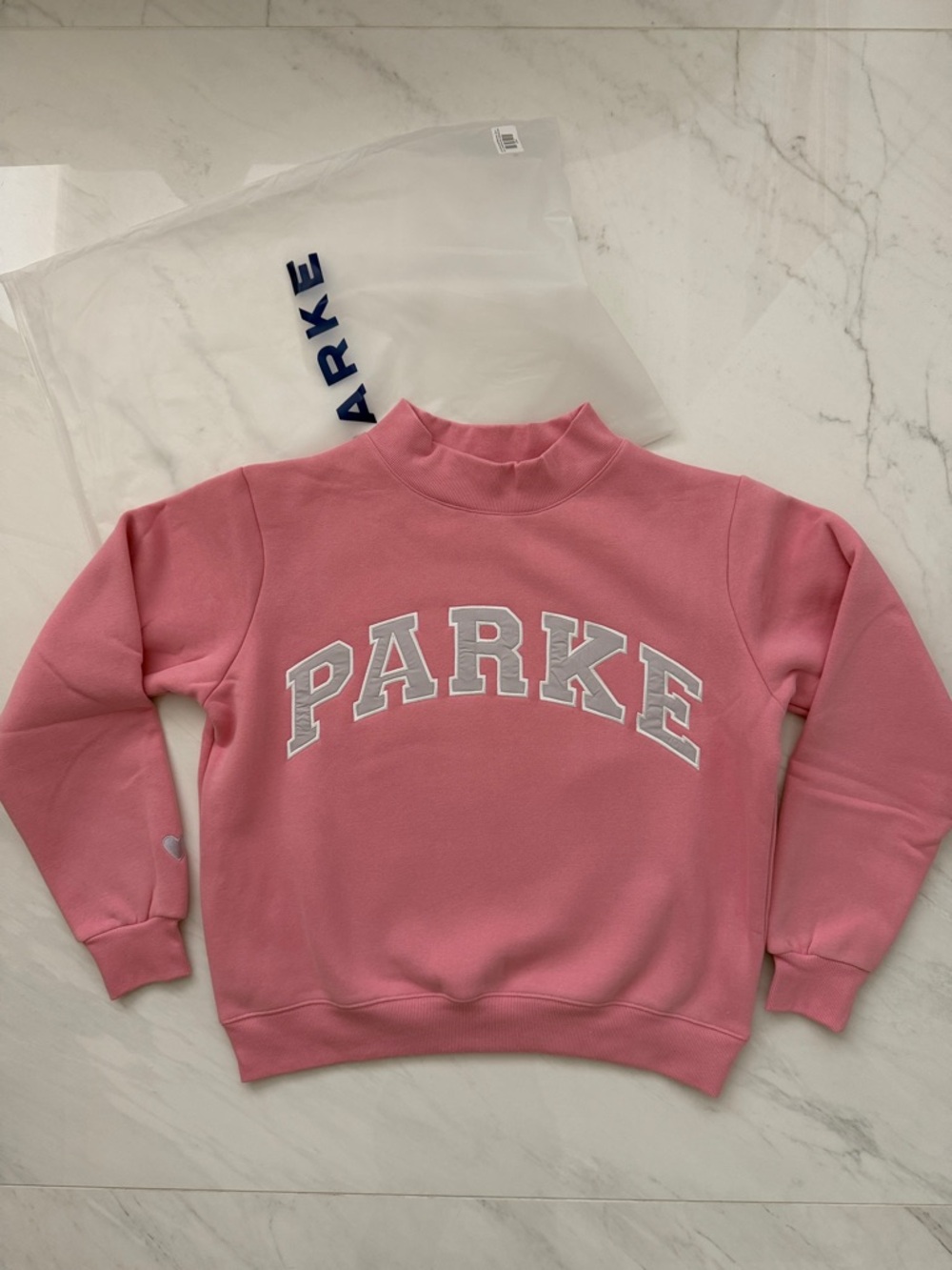 NEW PARKE Valentine’s Varsity Mockneck Sweatshirt Size S/M in Blush/Lavender